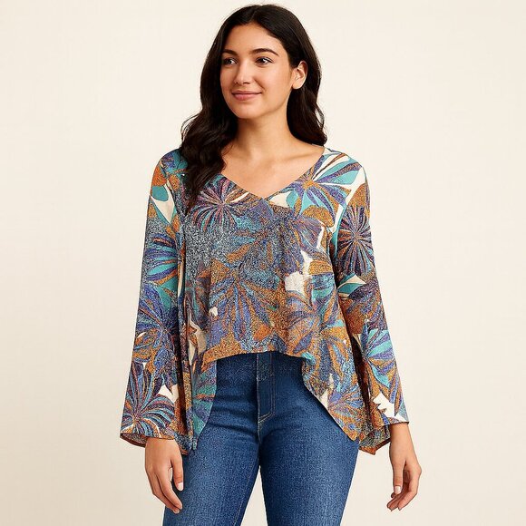 Anthropologie Sage Boho Floral Blouse – Fits M/L – Long Sleeve Lace Hem - Picture 1 of 7